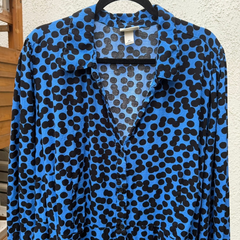 Ava & Viv Polka Dot Dress Womens 4X Blue Black Button Front Midi Casual Office - Picture 13 of 15